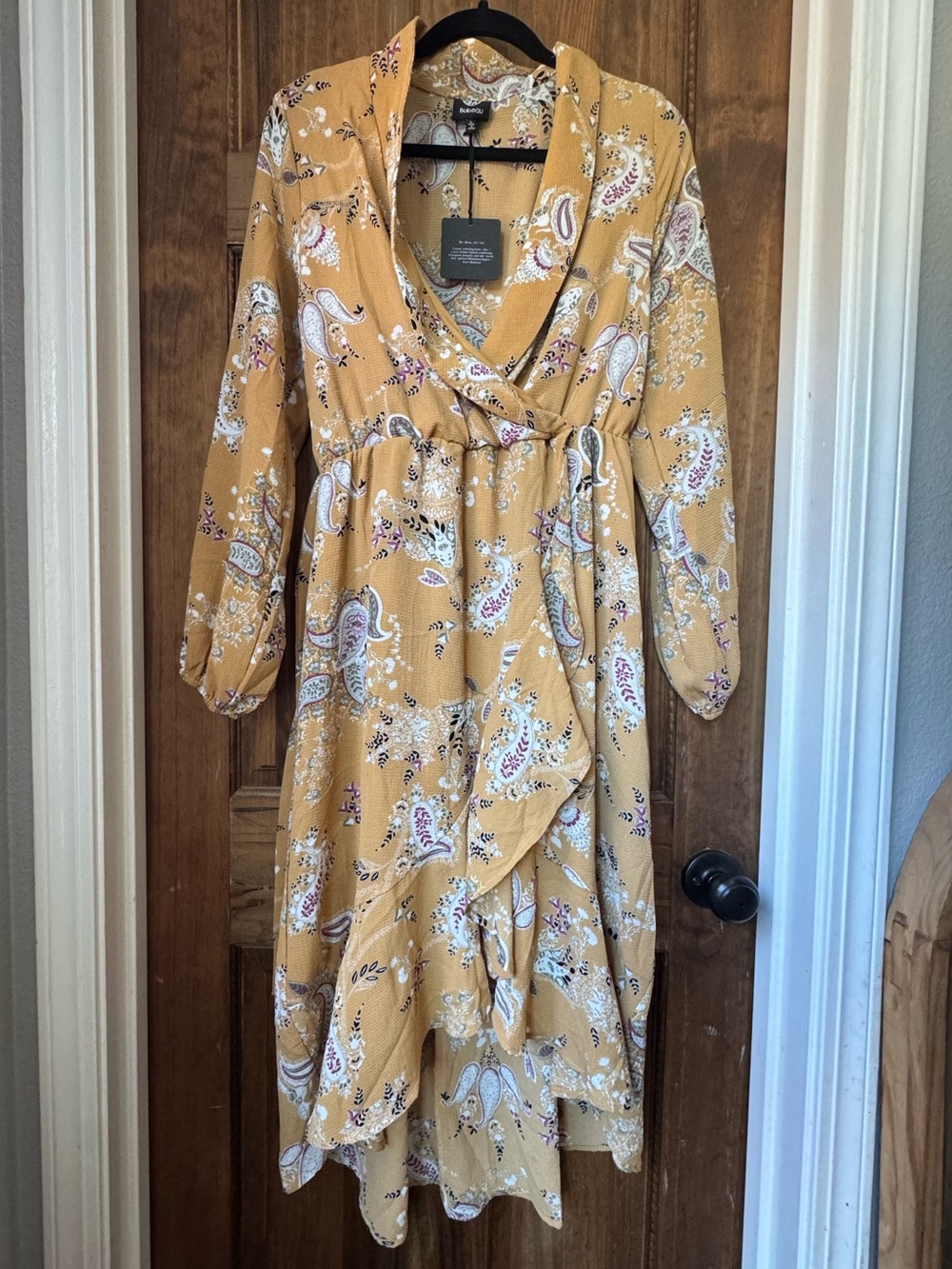 bobeau Mustard Paisley Long Sleeve Wrap Dress
